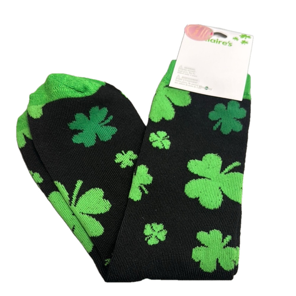 Claire's Black and Green Clover Shamrocks Crew Socks NWT